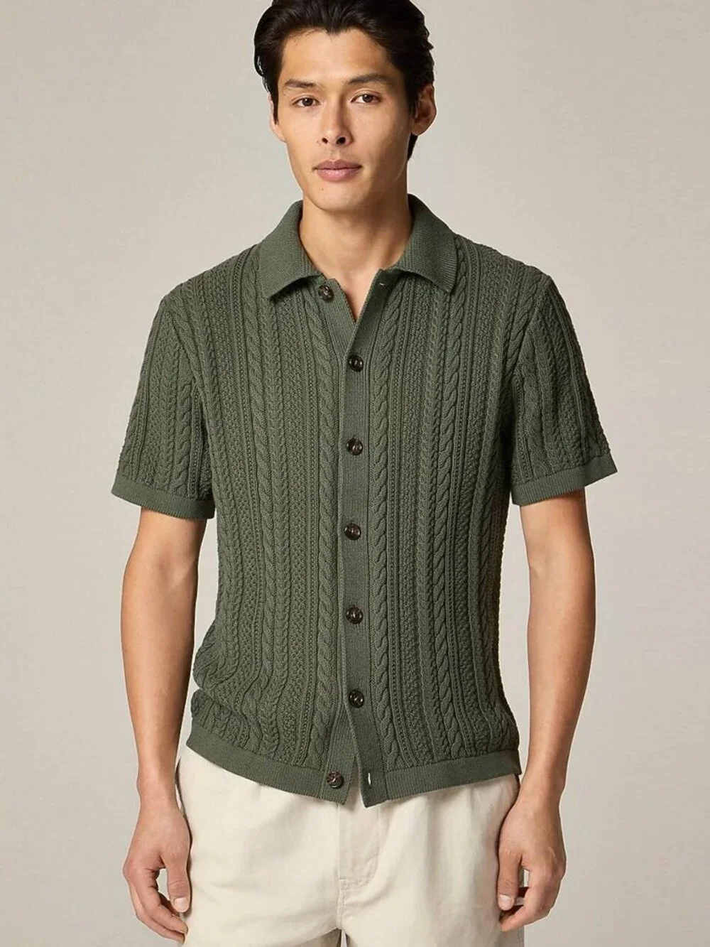 J. Crew Short Sleeve Cotton Cable Knit Cardigan Sweater Polo Green large